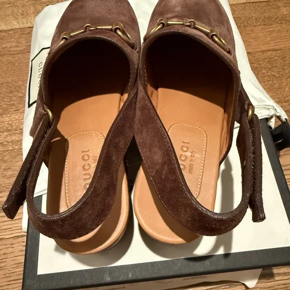 Gucci Brown Suede Mules with Gold Accents - Picture 4 of 7
